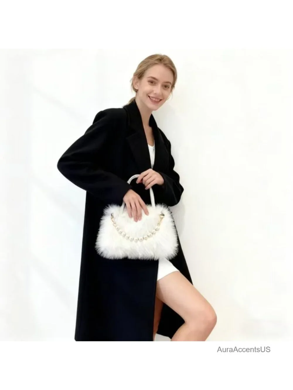 Fluffy Ostrich Feather Evening Bag with Pearl Chain Clutch Purse